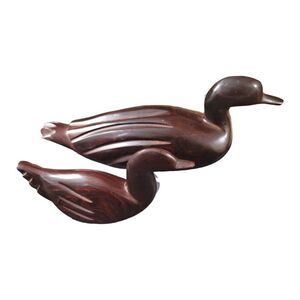 Vintage Hand Carved Brown Ironwood Mama And Baby Duck Set